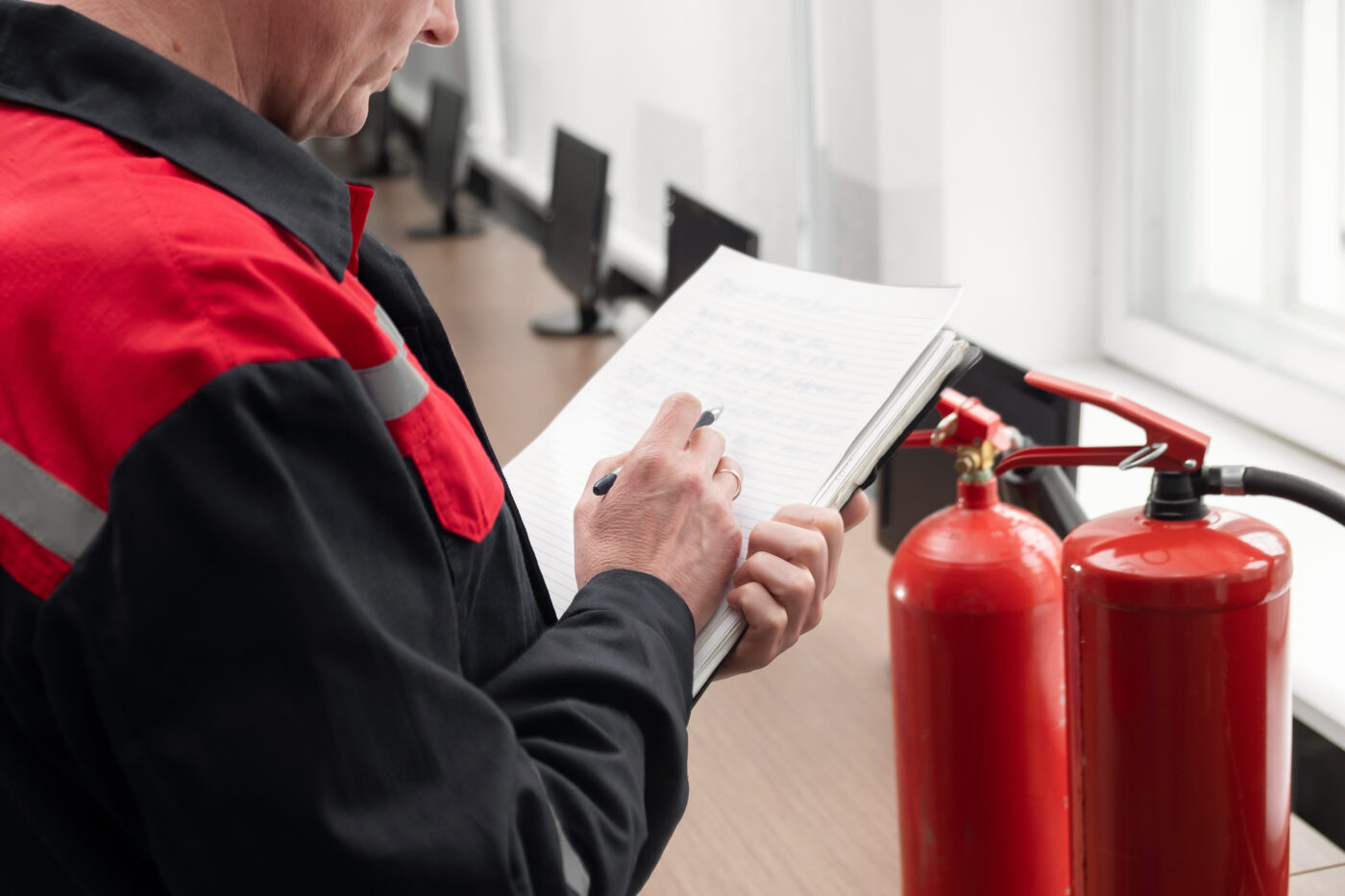 Professional überprüft einen Feuerlöscher und schreibt Daten in das Prüfprotokoll. Brandmeldezentrale.System bereit Im Brandfall.